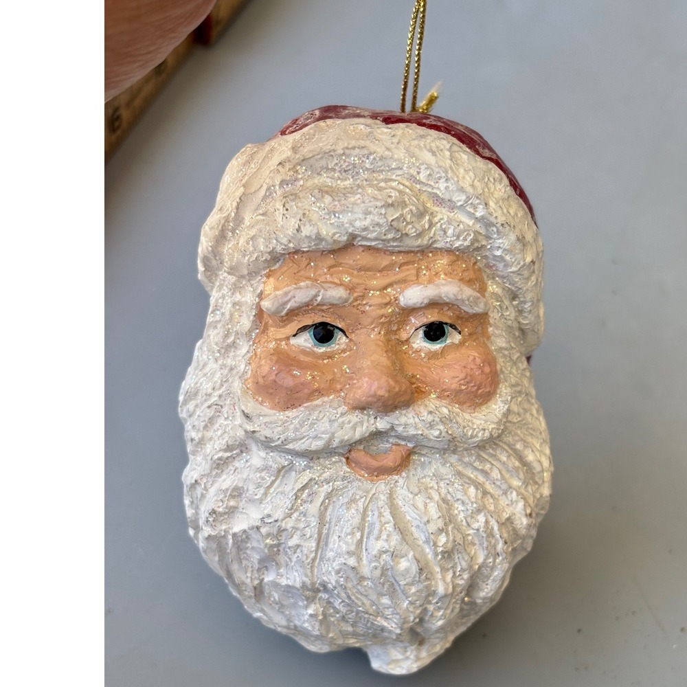 Vintage Style Santa Claus Head Christmas Ornament Red White Glitter 4 Inch